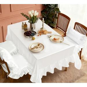 1 Pack Ruffle Tablecloth 60" x 102" White Rectangle Shape Scalloped Edge Tablecloth for Kitchen, Dining and Weddings.