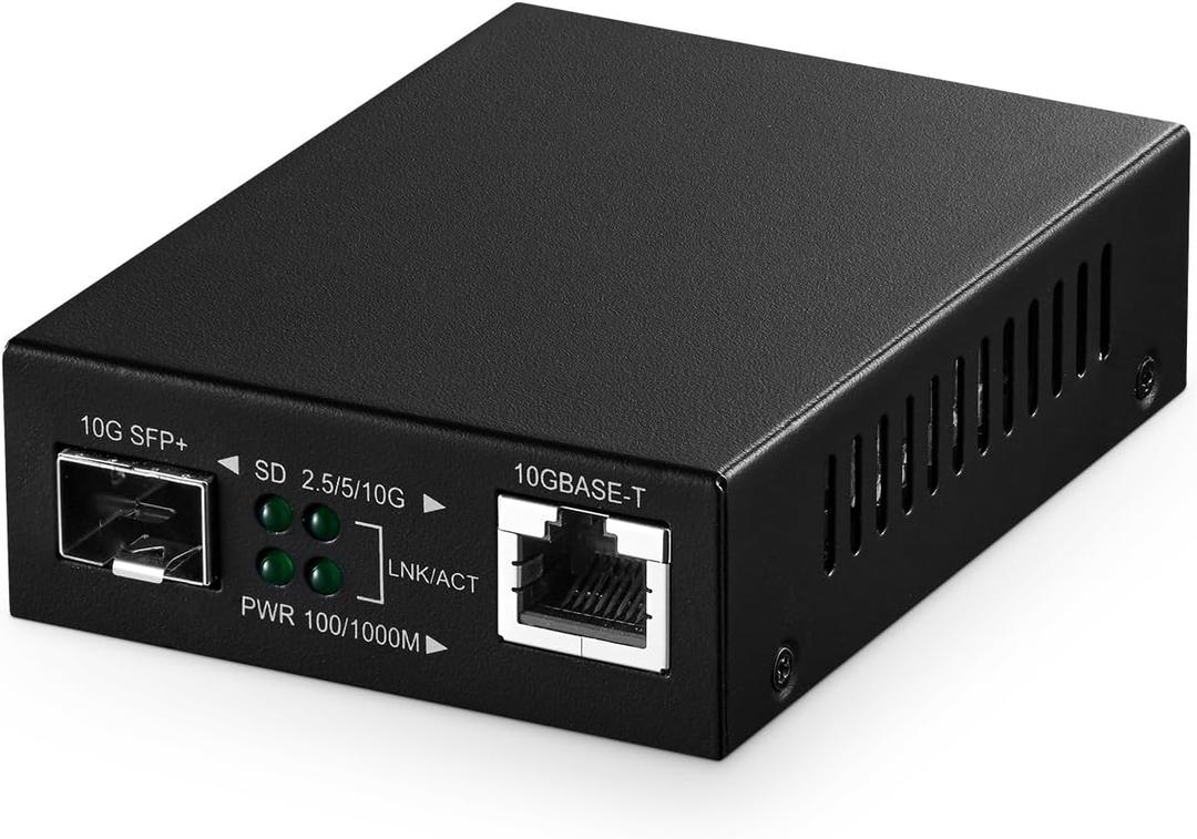 10G Fiber Media Coverter, 2 Port 10 Gigabit Binardat Ethernet Switch, 1 x 10G RJ45 Port, 1 x 10G SFP Port, Mini Metal Case Fanless, Unmanaged Plug and Play