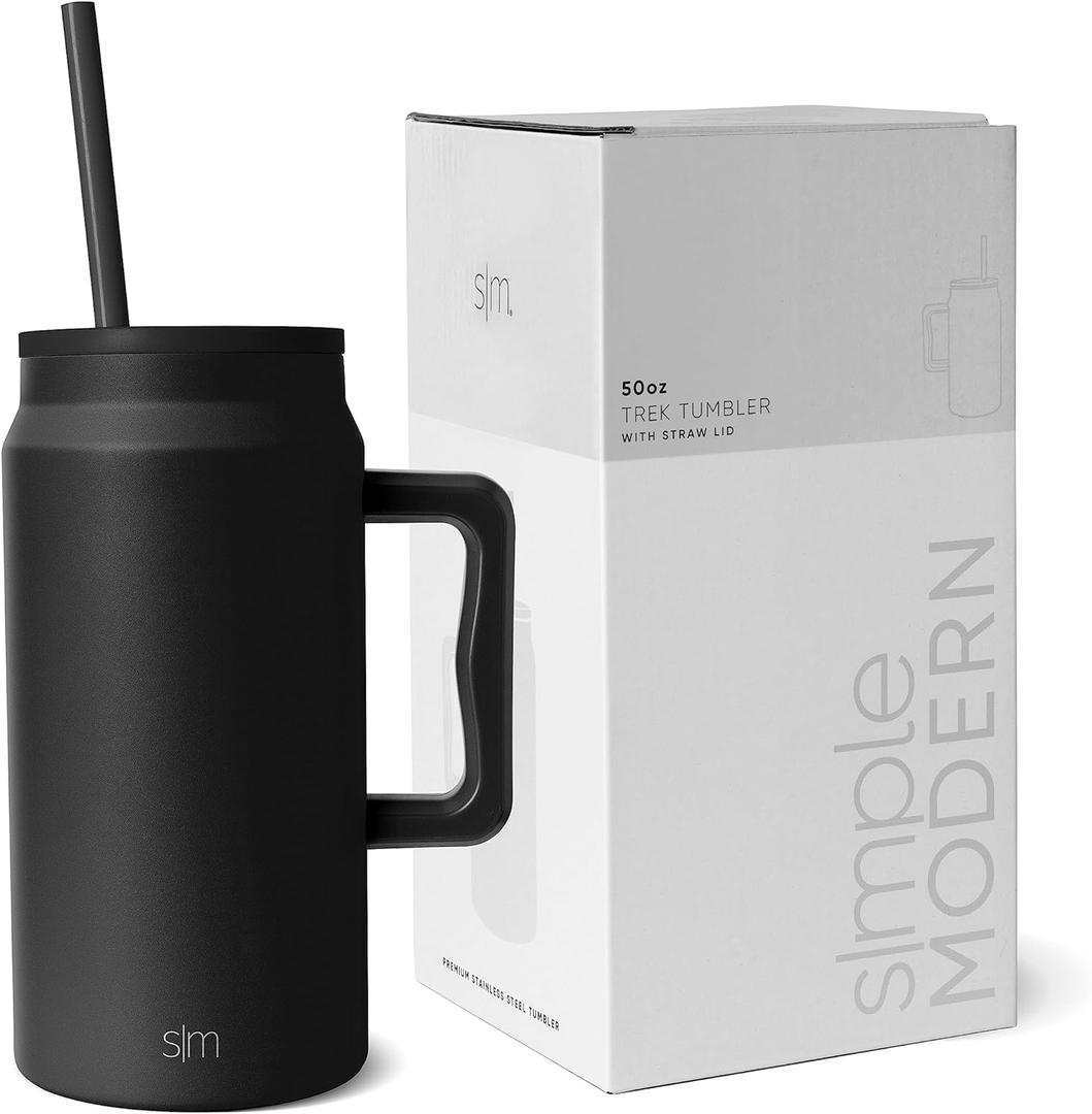 Simple Modern 50 oz Mug Tumbler with Handle and Straw Lid | Reusable Insulated Stainless Steel Large Water Bottle | Gifts for Women Men Him Her | Trek Collection | 50oz | Midnight Black