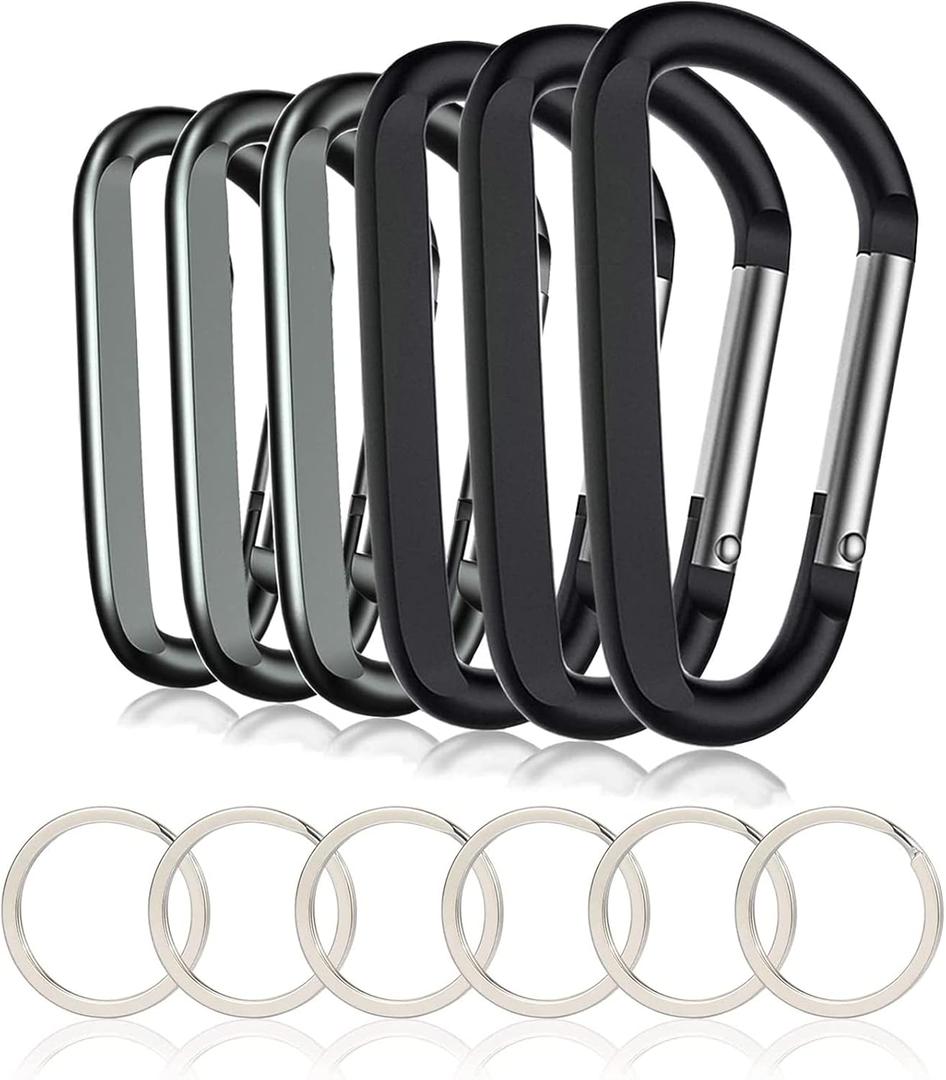 6PCS Black Carabiner Caribeaner Clip,3" Large Aluminum D Ring Shape Carabeaner with 6PCS Keyring Keychain Hook
