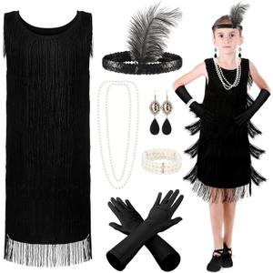6 Pcs Girls 1920s Flapper Dresses Costume Set Roaring 20s Gifts Accessories Kids Birthday Party (Large)