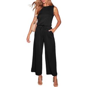 LEEDYA Womens Jumpsuits Dressy Summer Sleeveless Crewneck One Piece Jumpsuit Casual Wide Leg Long Pants Rompers 2025 (Medium, Black)