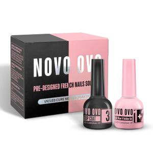 UV Nail Glue and Builder Gel 2 in 1, No Wipe Top Coat Kit for Predesigned French Tip Nail Tips, NOVO OVO Super Strong Adhesive for Press on Nails, 30+ Days Long Lasting, Salon Effect, Easy to Use