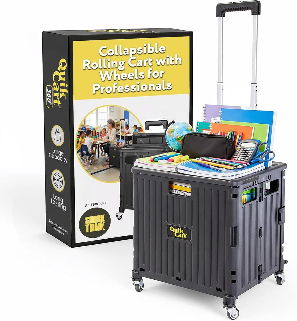 dbest Products Quik Cart 360 Rolling Crate with Wheels - Collapsible Utility Cart for Teachers & Home - Heavy Duty Folding Cart with Seat - 80 lb Capacity - Black
