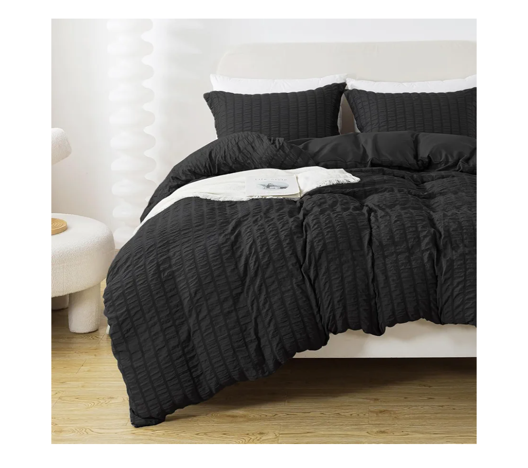 HYLEORY Black Duvet Cover Queen Size, 3 Pieces (1 Cover + 2 Pillow Cases) Soft Washed Microfiber Seersucker Set With Zipper Closure and Corner Ties for All Seasons