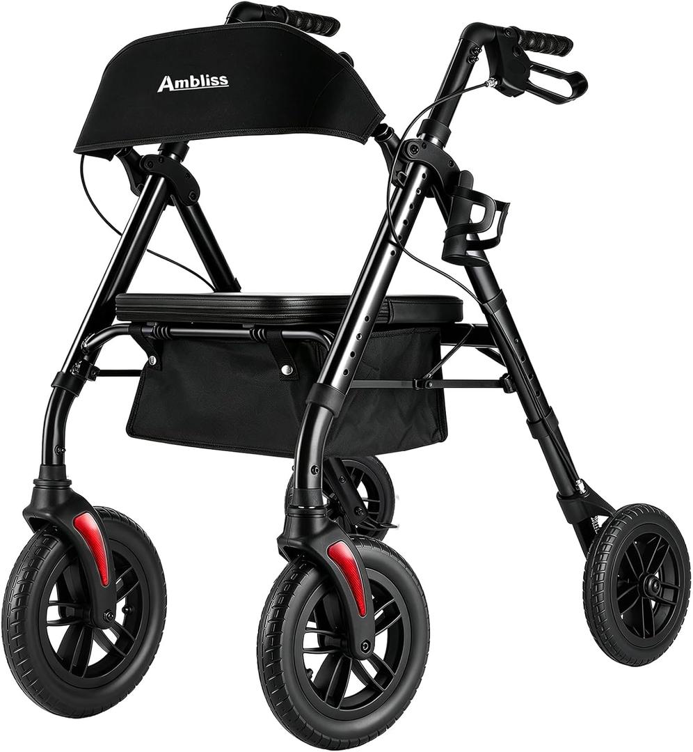 Ambliss Lightweight Folding Rollator Walker for Seniors with Seat, 10" All-Terrain Non-Pneumatic Wheels, Wide Padded Seat & Breathable Backrest, Adjustable Height 5'2"-6'7", 300 lbs Capacity (Purple)