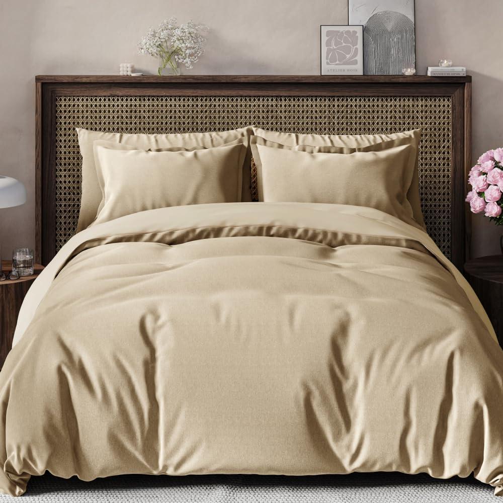 CGK Unlimited Duvet Cover Set - Ultra Soft Microfiber Duvet Cover with Pillow Shams - Premium Quality Home or Hotel Bedding, Comfy, Easy Care, Zipper Closures & Corner Ties, (Heathered Tan) (Queen (90x90))