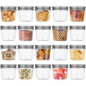 Plastic Mason Jars 4 Ounce Clear Storage Containers with Lids Small Plastic Jars for Food Storage,Canning,BPA Free (Silver, 20 Pack)
