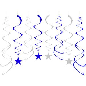 Party Star Swirl Decorations, Blue and Silver Foil Ceiling Hanging Star Swirl Decorations, Whirls Decorations for Birthday | Wedding | Anniversary | Graduation Party, Pack of 30