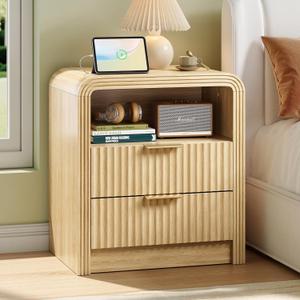 Decofy Fluted Nightstand with Charging Station, 19.7'' Wide Morden End Table with USB/Type-C Ports, 2 Drawers & Open Shelf, Curved Profile Design, Wood Bedside Table for Bedroom (Natural Oak)