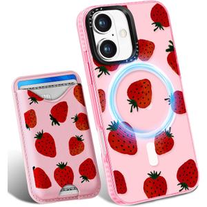 Toycamp for iPhone 17 Case - Compatible with Magsafe Credit Card Holder Wallet Magnetic Cute Women Teen Girls Kawaii Girly Unique Strawberry Design Phone Cover for Apple 17 Air