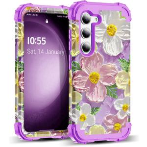 SleekCover for Galaxy S24 Plus Case,3 in 1 Oil Painting Flower Pattern Heavy Duty Shockproof Protection Silicone Rubber Bumper+Hard Plastic Protective Cover for Samsung S24 Plus 6.7",Purple/Pink