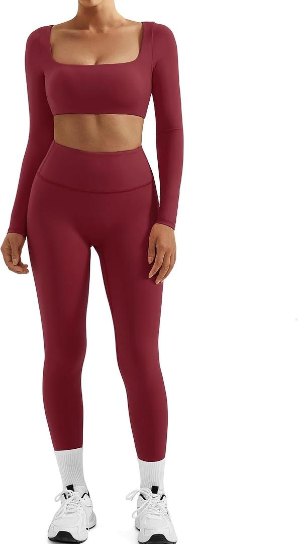 SUUKSESS Women 2 Piece Workout Sets Compression Tummy Control Leggings with Pockets Long Sleeve Square Neck Padded Crop Tops, Medium