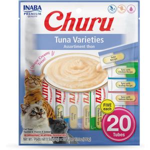 INABA Churu Cat Treats, Lickable, Squeezable Creamy Pure Cat Treat with Green Tea Extract & Taurine, 0.5 Ounces Each Tube, 20 Tubes, Tuna Variety