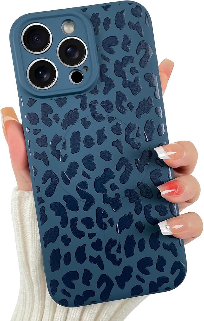 OOK Magnetic for iPhone 16 Pro Case, Silicone Blue Leopard Cute Pattern, Compatible with MagSafe Cheetah Print Camera Protection Shockproof Slim Phone Case for 6.3inch, Blue