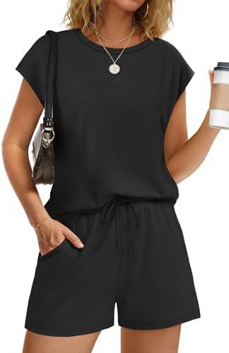 WIHOLL Two Piece Sets for Women Summer Crew Neck Lounge Short Sets Cap Sleeve Drawstring Sweatsuit with Pocket Size Small