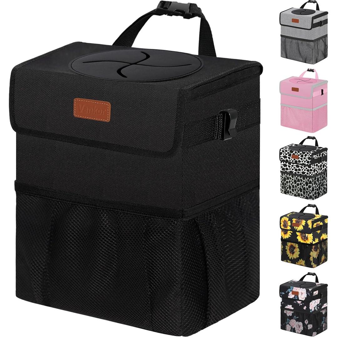 Vankor Car Trash Can Bin with Lid Hanging for Back Seat, Car Accessories for Women Men Leak Proof Automotive Garbage Cans Leakproof Vehicle Trash Can for Truck SUV Black (2.2 Gallons)