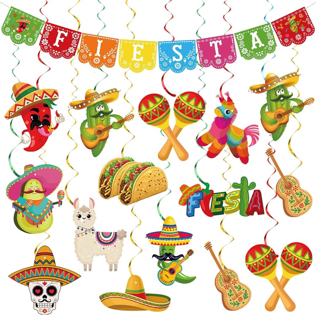 25 PCS Mexican Fiesta Party Decorations Mexico Fiesta Banner Cinco De Mayo Hanging Swirls for Mexican Theme Taco Birthday Party Decorations