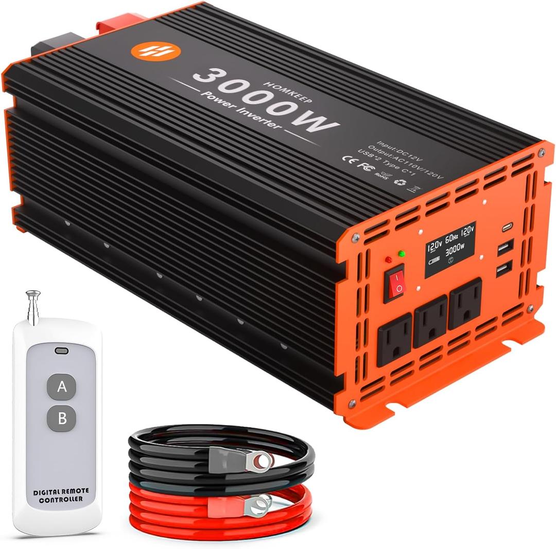 3000 Watt Power Inverter 12V DC to 110V/120V AC Converter Peak Power 6000W Car Inverter with LCD Display 2 AC Outlets USB Port Cables Included for RV,Truck,Off-Grid Solar System Remote Controller