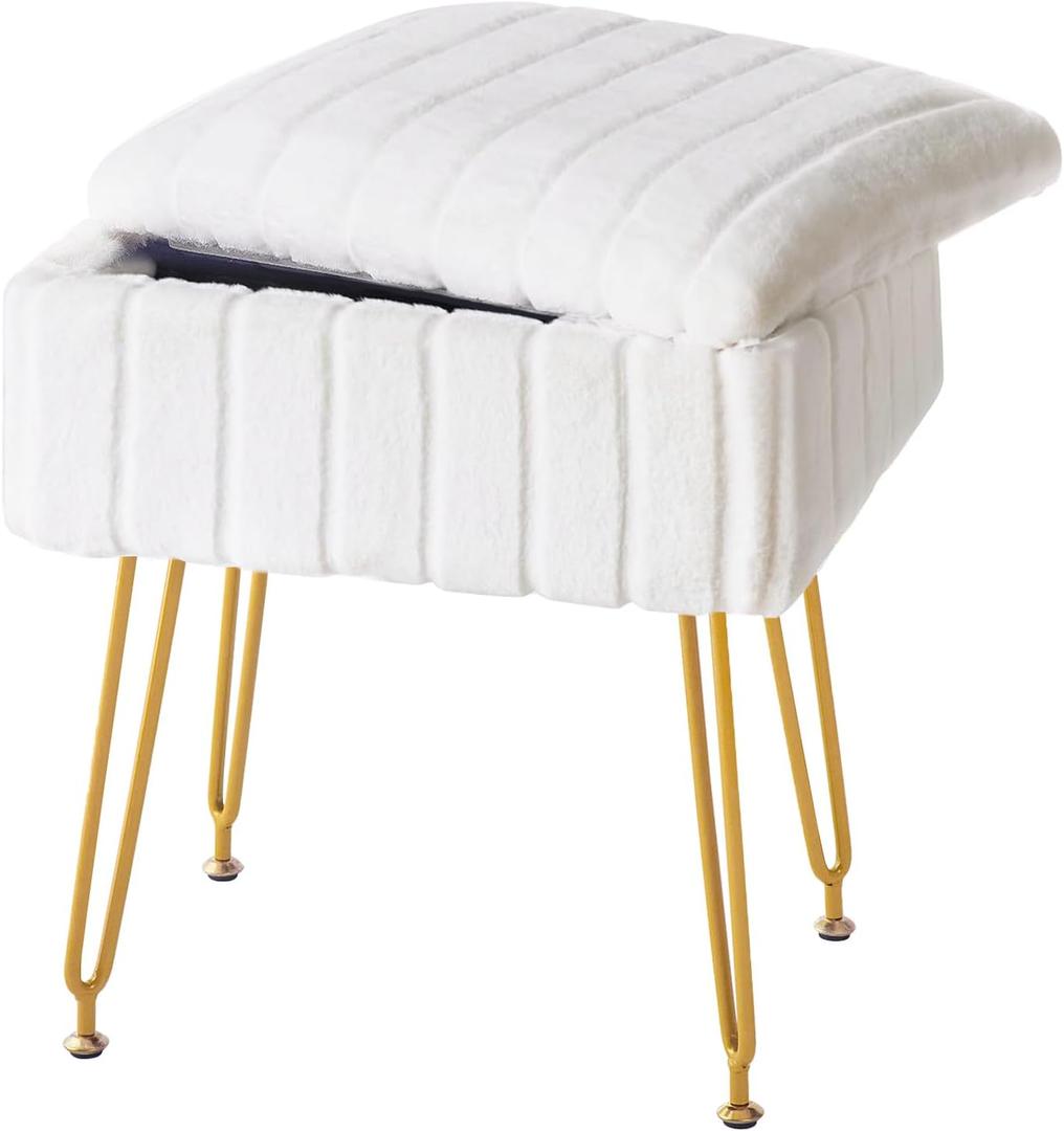 FUXA Vanity Stool Chair with Storage, White Faux Fur Makeup Chair with 4 Metal Legs and Anti-Slip Feet, Soft Padded Seat, Small Footrest Footstool Ottoman, Multifunctional Stool for Bedroom