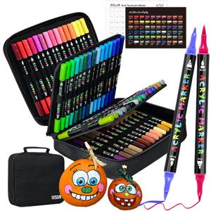 IVSUN Acrylic Paint Pens, 60 Colors Dual Tip Paint Markers with Fine Tip and Brush Tip for Stone, Wood, Canvas, Calligraphy, Ceramic, Metal, Glass, Rock Painting, DIY Crafts Art Supplies Kit (pack for 2)