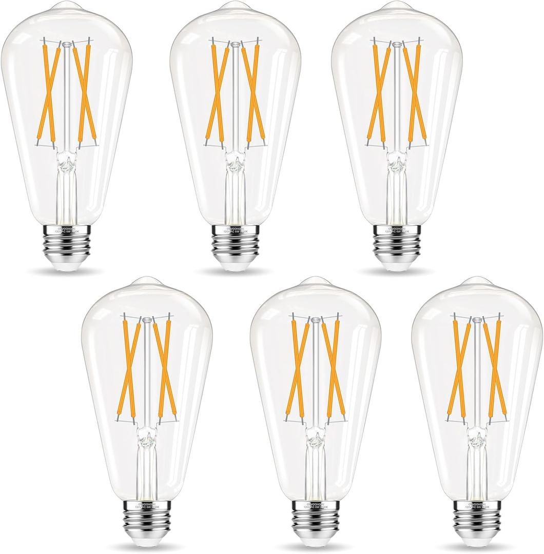 Edison Bulbs, E26 LED Bulb 60 watt Equivalent, Non-Dimmable, 2700K Warm White, ST58 Vintage Light Bulbs, 90+ CRI, E26 Medium Base, Clear Glass, 6 Pack