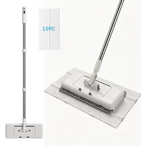 Upgrade Push Clamp Mop Kit - 2-in-1 Full Size Press Grip Lazy Sweeper Mop with Convenient Cloth Changing, Compatible with Swiffer Pads, Hardwood Tile Marble Floor Cleaning, 52in with10 Dry Cloths