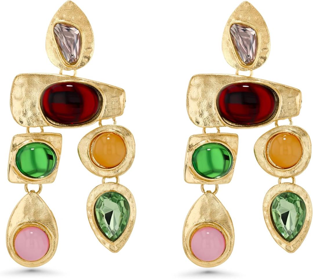 SNGIA 18K Gold Plated Dangle Boho Gemstone Earrings for Women by SNGIA, Boho Jewelry for Women, Dangling Large Big Unique Vintage Earrings for Women, Trendy Bohemian Handmade CZ Jewelry Gifts