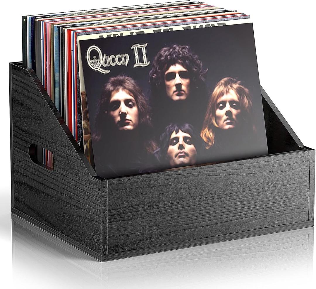 Wood Vinyl Record Storage, Retro & Durable Vinyl Crate and Record Holder, Album Storage Record Case Box for 60+ Records, Perfect Record Organizer for Home Decor and Collection Display(Black) (1 Pack)