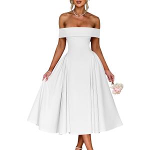 YMDUCH Women's Elegant Off Shoulder Short Sleeve A line Flowy Swing Cocktail Party Long Dress (White)
