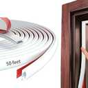 White Rubber Weather Stripping Door Seal Strip, D Shape Door Weather Seal Strip, Self-Adhesive Soundproofing Frame Insulation Tape for Doors Frame/Window Seal,Blocks Cold Drafts Noise (50 Feet)