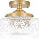 Gold Semi Flush Mount Ceiling Light, 3-Light Close to Ceiling Light with Globe Glass, Vintage Hallway Lights, Brass Closet Light Fixture, Kitchen Flush Ceiling Mount for Entryway Bedroom Bathroom,E12 (12in)