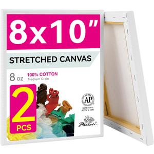 PHOENIX 8x10 Inch Pack of 2 Canvas - Stretched Canvases for Painting, 8 Oz Triple Primed 5/8 Inch Profile 100% Cotton White Blank Framed Canvas for Oil Acrylic & Pouring Art