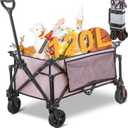 Collapsible Folding Wagon Cart, 220LBS Heavy Duty Foldable Utility Garden Cart with All Terrain Wheels & Side Storage Bag, Portable Sports Wagon for Camping, Shopping, Garden. (Pink) (Pink + Light Gray)