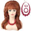 80s Women Beehive Wig with Large Pearl Necklace Bracelet and Earrings Long Wavy Ginger Bouffant Synthetic Hair Wigs for Married Housewife Big Red Vintage Costume Cosplay Halloween Party