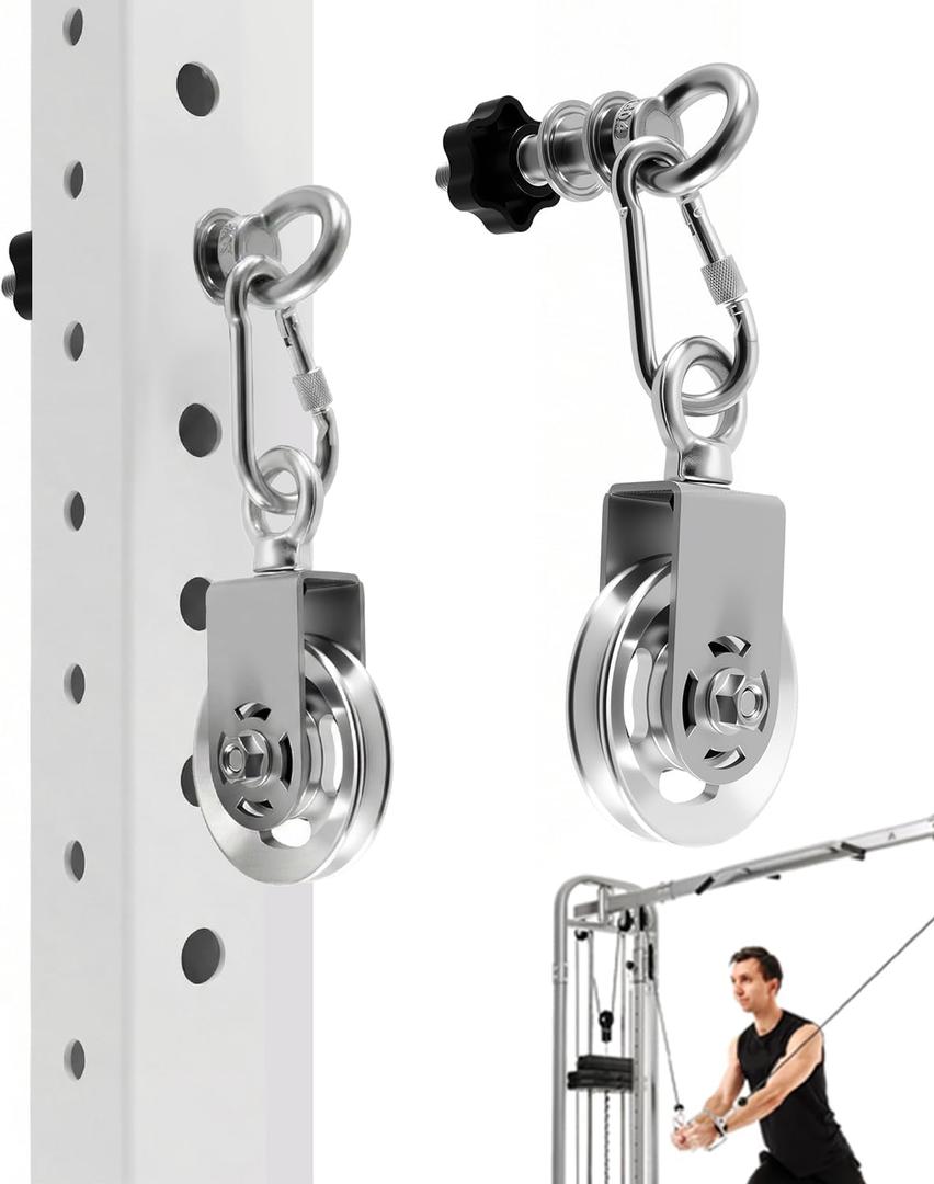 Height Adjustable Cable Pulley System for Power Rack, 304 Stainless Steel Hand-Tightened Pulley with Silent Bearings, Fits 2x2 & 3x3 Racks (1/2 & 1 Holes)