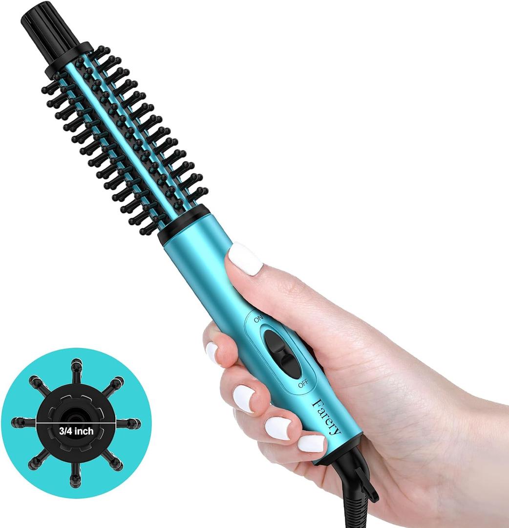 Mini Thermal Brush, Curling Iron 3/4 Inch, Heated Round Brush for Volumizing and Small Curls, Travel Size Curling Iron for Short & Thin Hair, Dual Voltage, One Heat 392F, Blue