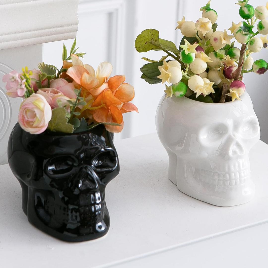 2 Pcs Skull Planter Pots, Skeleton Vase/Bowl for Flowers, Succulent, Cactus and Candy, for Gothic Home Office Desk, Halloween and Day of The Dead Decorations - White and Black