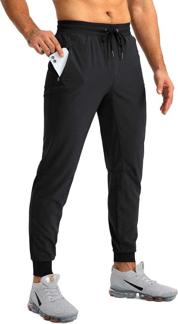 Pudolla Men's Lightweight Jogger Pants Workout Gym Running Pants with Zipper Pockets for Athletic Casual (Large, Black)