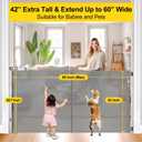Reinforced 42 Extra Tall Pet Gate for Doorways, Extends up to 60 Wide, Extra Tall Retractable Baby Gates with Rods to Prevent Crawling Through Retractable Mesh Dog Gate Indoor Outdoor, Gray