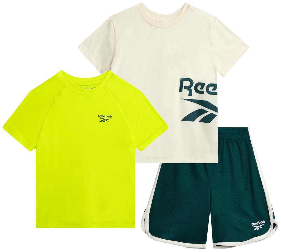 Reebok Toddler Boys Short Set - 3 Piece Summer Outfit with 2 T-Shirts & Shorts - Activewear Clothes for Toddler & Little Boys, Size 7, Chalk