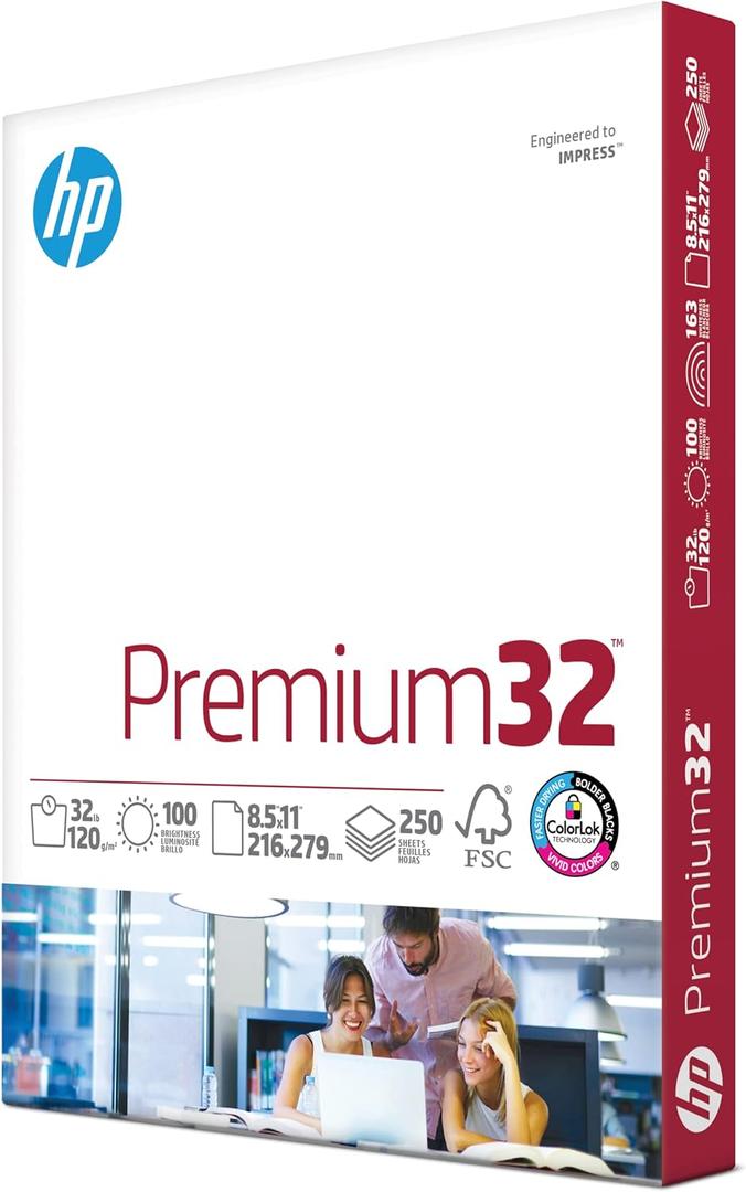HP Papers | 8.5 x 11 Paper | Premium 32 lb | 1 Ream - 250 Sheets | 100 Bright | Made in USA - FSC Certified | 113500R