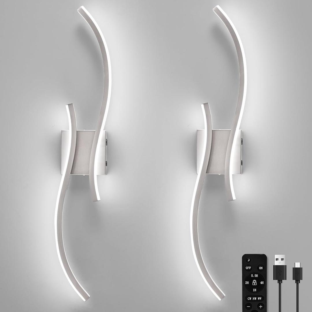 Battery Operated Wall Sconces Set of 2, Rechargeable Dimmable Battery Wall Light with Remote Control, Brushed Nickel LED Wireless Wall Light for Living Room Bedroom Hallway31.5inch (Brushed Nickel)