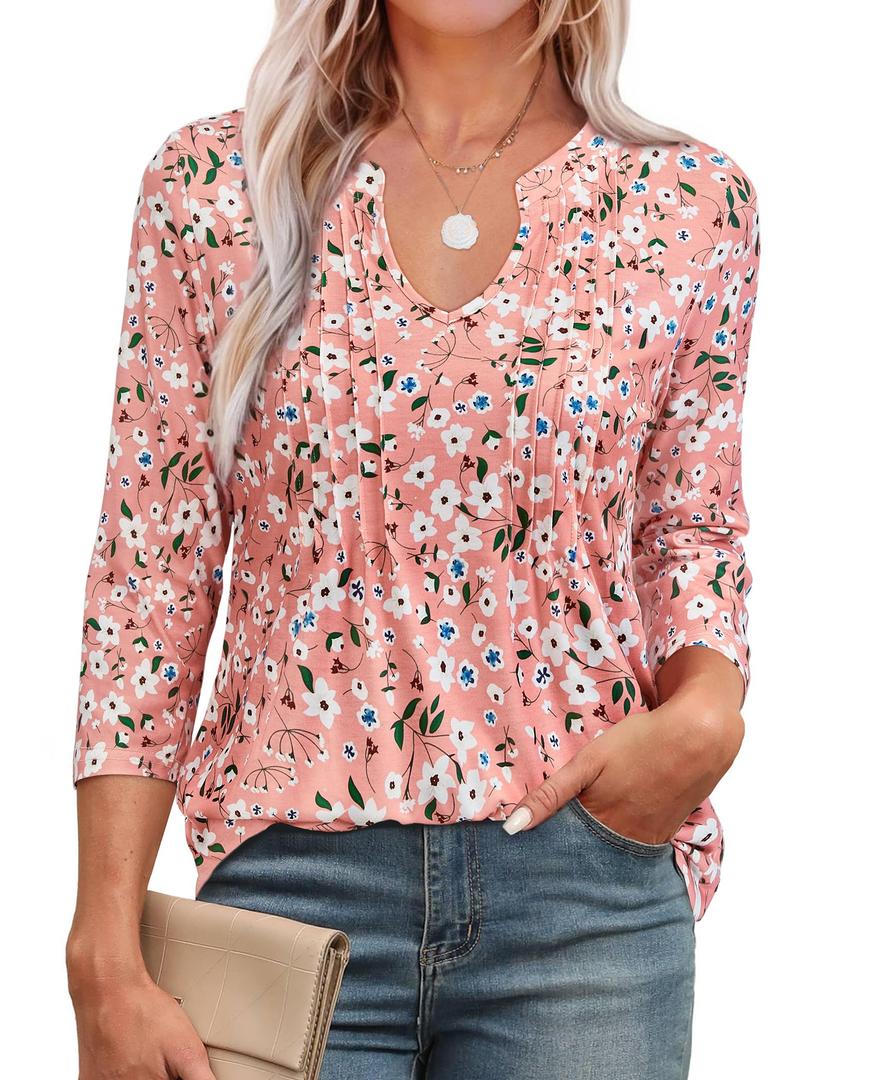 Uhiger Womens Blouses Dressy Casual Spring Tops for Women 2025 Trendy 3/4 Sleeve Blouses for Women Business Casual Long Shirts to Wear with Leggings Evening Tunics for Weddingg Guest Pink Floral M