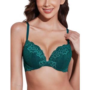 Deyllo Womens Push Up Lace Bra Comfort Padded Underwire Bra Lift Up Add One Cup (36DDD, Spruce Green)