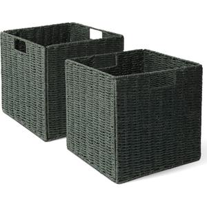 Set of 2 Hand-Woven Paper Rope Wicker Baskets, Storage Basket, Foldable Cube Storage Bins, Green Storage Cubes, Square Baskets for Organizing Shelves, 12x12x12in