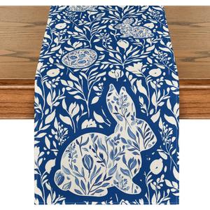Artoid Mode Bunny Rabbit Wild Weeds Easter Table Runner, Seasonal Spring Kitchen Dining Table Decoration for Home Party Decor 13x90 Inch (Blue)