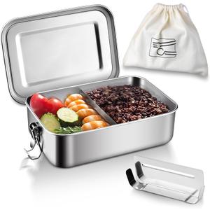 HaWare Stainless Steel Bento Box, 47oz (1400ML) Lunch Box Container with Lids and 2 Removable Dividers, Metal Lunch Containers with Locking Clips, Leak-Proof Food Storage Containers for Work School