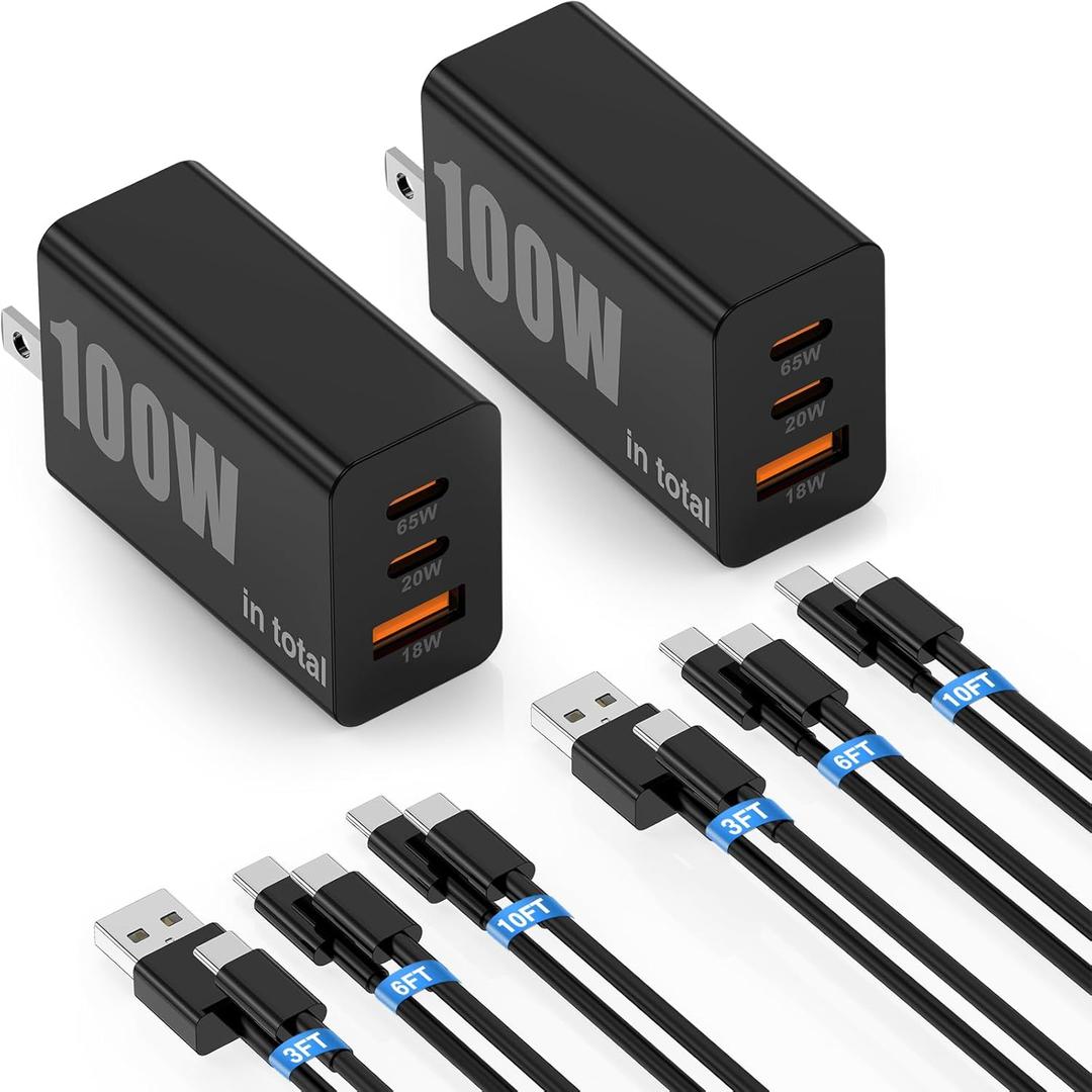 USBC Super Fast Charger 100W(in total), Typc-C Charging Block 65W for Samsung Galaxy S26 Ultra S25/S24/S23 Plus,Tab,MacBook, iPhone 17/16/15 Pro Max,iPad Air,Android, 3+3FT USB &6+6+10+10FT USBC Cable