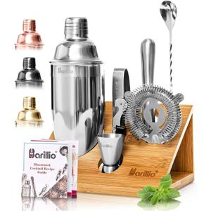 Barillio Bartender Kit - Stainless-Steel Cocktail Shaker Set with Bamboo Stand - Mixology Bar Tools w/Shaker, Drink Mixer Spoon & Muddler for Cocktails - Home Bar Accessories - 10-Pc Bar Set - Silver